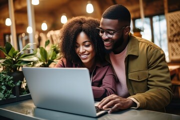Black History Month, African american couple browse website on laptop computer making online shopping