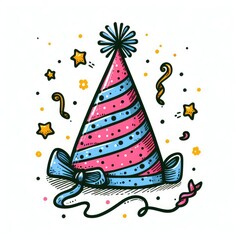 hand drawn birthday cone hat illustration in colorful vintage style isolated on white background
