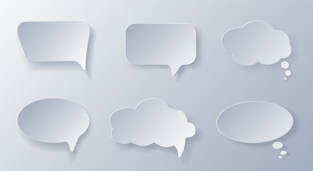 Papercut Grey White Speech Bubbles. 3D Papercraft cut talk frame icon for posters and flyers, presentation, web, social media, design, banner, stickers and stories.