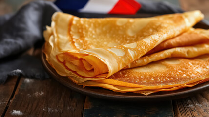 une assiettes remplie de crêpes pour la chandeleur avec drapeau Français en fond