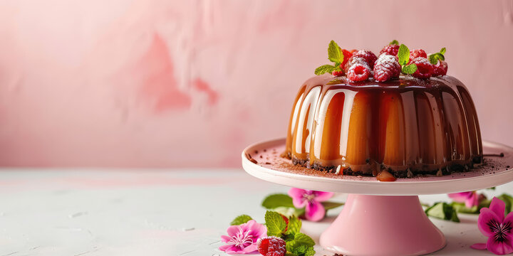 Closeup cake chocoflan, flan with chocolate, choco mousse sponge cake, delicious sweet dessert on pink kitchen background with copy space.