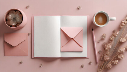 3D envelope with an open notebook_ pink pastel flat lay