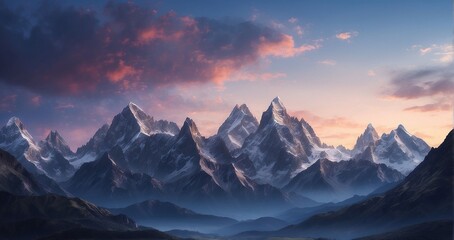 A scene of refined mountain peaks silhouetted against the twilight sky, evoking a sense of elegant grandeur - Generative AI - obrazy, fototapety, plakaty