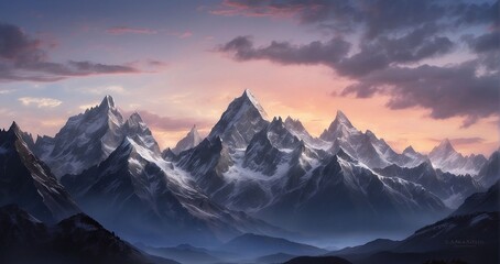 A scene of refined mountain peaks silhouetted against the twilight sky, evoking a sense of elegant grandeur - Generative AI - obrazy, fototapety, plakaty