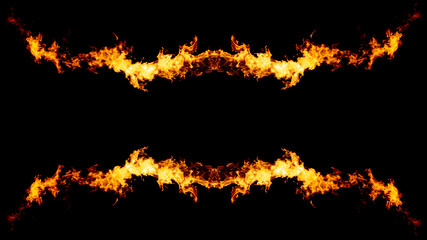 Copy space between two fire shapes, flame frame isolated on black - obrazy, fototapety, plakaty