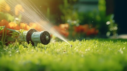 Automatic lawn sprinkler watering green grass. Sprinkler with automatic system. Garden irrigation system watering lawn. Water saving or water conservation from sprinkler system with adjustable head. - obrazy, fototapety, plakaty