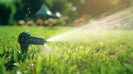 Automatic lawn sprinkler watering green grass. Sprinkler with automatic system. Garden irrigation system watering lawn. Water saving or water conservation from sprinkler system with adjustable head.