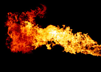 Breathing fire stream, flame isolated on black