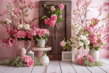 spring set up with colourful flowers pink , vintage wood parquet.