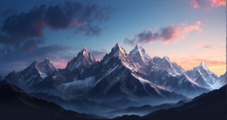 Fototapeta na wymiar A scene of refined mountain peaks silhouetted against the twilight sky, evoking a sense of elegant grandeur - Generative AI