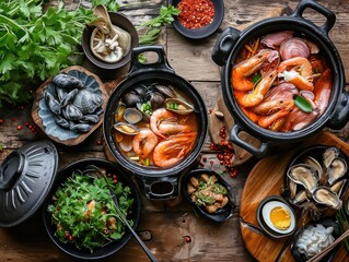 Seafood hotpot served on the wooden table.