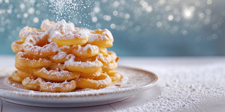 Funnel Cake on light kitchen background with copy space. Sweet fried cake twists.
