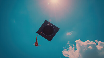Flying graduation cap in the sky, concept of achievement and success, Graduation day banner 