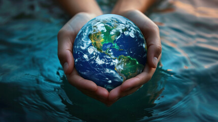 persons hands holding the earth in the water, concept of connection to nature, global unity and caring the world