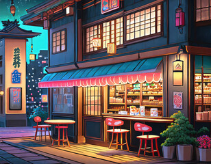 Fototapeta na wymiar a beautiful japanese tokyo city ramen shop restaurant bar in the dark night evening. house at the street. anime cartoonish art style