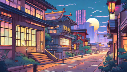 a beautiful japanese tokyo city town in the evening. houses at the street. anime comics artstyle. cozy lofi asian architecture