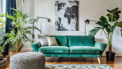 A carefully curated Scandinavian living room with a mint sofa, designer furnishings, a mock-up poster map, green plants, and chic personal accessories, creating a stylish and harmonious interior.
