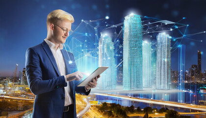 Fototapeta premium a man using digital tablet, and modern buildings hologram. Real estate business and building technology concept