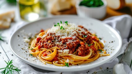 Spaghetti bolognese served in the white plate on the white table