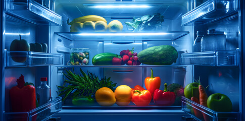 Full Open Refrigerator Or Fridge At Night In Kitchen