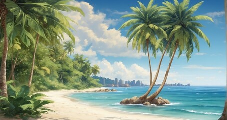 A secluded beach in a tropical paradise, where the sand is as soft as silk and the palm trees sway gently in the warm breeze - Generative AI