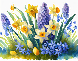 abstract spring meadow with easter flowers daffodils and blue grape hyacinth isolated on white background, texture template overlay decoration for springtime