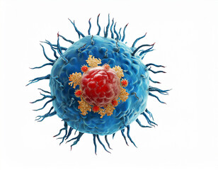 Cancer cell, tumor with metastasis isolated on white background. Concept of health care, medicine, biology, microbiology, science. 3D render, 3D illustration