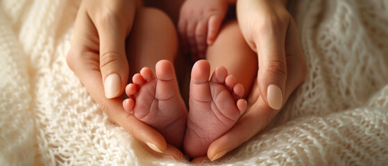 newborn feet in woman's hands, motherhood and parenting concept, family and relationships