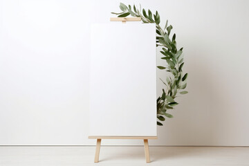 easel with blank canvas and green florals - obrazy, fototapety, plakaty