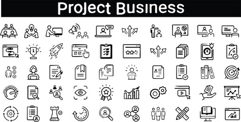 Project Business line icons set. Presentation, business, seminar, partnership, goals, meeting, whiteboard, conference, plan icons. Vector