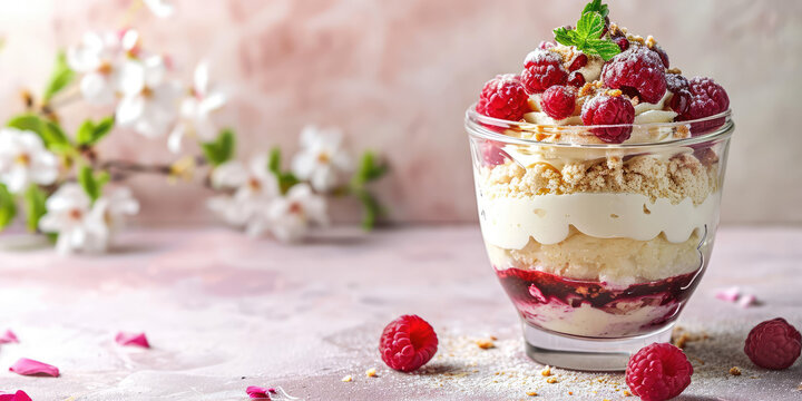 Layered trifle with fresh berries, mint and cream on a pastel background. Decadent Berry Trifle Delight on kitchen background with copy space.