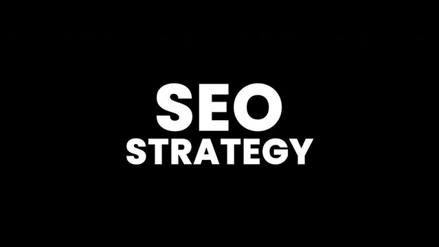 seo strategy text with glitch effects on a black background.