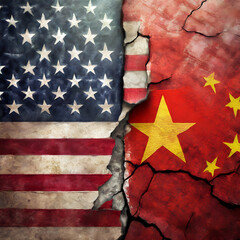 CHINA vs US background concept, Flags of usa or United States of America and China on old cracked concrete background