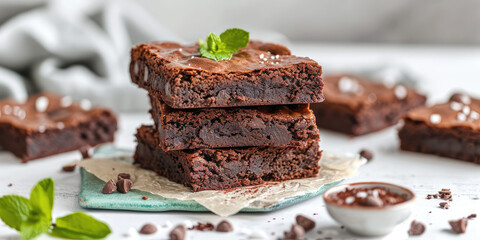 Mint Chocolate Brownies. Rich chocolate brownies with creme de menthe, garnished with fresh mint leaf on kitchen background with copy space. - obrazy, fototapety, plakaty