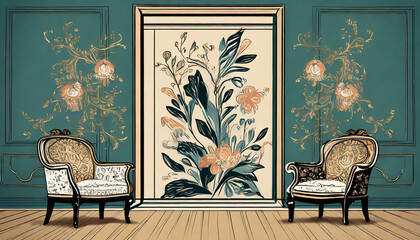 Classic floral elegance. Traditional prints, rich tones. Antique furniture, intricate details. A timeless and sophisticated space with a touch of vintage floral charm.