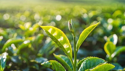 Close-up fresh perfect tea bud and leaves on tea plantations. High quality banner photo with copy space background for text