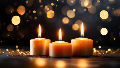 closeup of 3 burning candles on abstract black background, contemplate celebration mood with blurry lights, festive concept with copy space