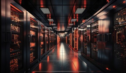 Modern server room showcases a high-tech marvel of computing infrastructure, where sleek hardware, intricate cabling, and advanced technology converge to power the digital world's connectivity and - obrazy, fototapety, plakaty
