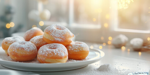 Sugared Beignets in a plate on Festive Morning. Warm beignets dusted with sugar, cozy holiday dessert on kitchen background with copy space. - obrazy, fototapety, plakaty