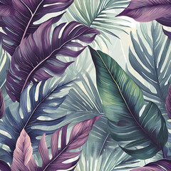 Exotic wallpaper with tropical leaves. Palm leaves, banana leaves, foggy background. Jungle tropical forest seamless pattern. Purple colors. Hand drawn design for fabrics, clothes, goods