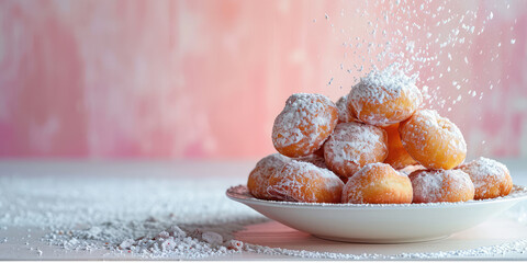 Sugared Beignets on Festive Morning. Warm beignets dusted with sugar, cozy holiday dessert on pink background with copy space. - obrazy, fototapety, plakaty