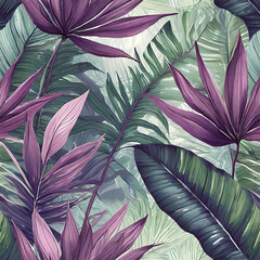 Exotic wallpaper with tropical leaves. Palm leaves, banana leaves, foggy background. Jungle tropical forest seamless pattern. Purple colors. Hand drawn design for fabrics, clothes, goods