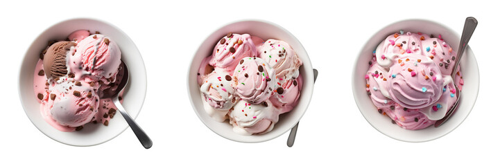 Set of Neapolitan ice cream in a bowl with a spoon isolated on transparent or White Background