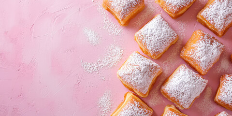 Top view Sugared Beignets on Festive Morning. Warm beignets dusted with sugar, cozy holiday dessert on kitchen background with copy space.