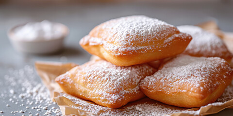 Sugared Beignets on Festive Morning. Warm beignets dusted with sugar, cozy holiday dessert on kitchen background with copy space. - obrazy, fototapety, plakaty