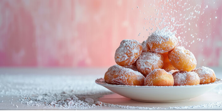 Sugared Beignets on Festive Morning. Warm beignets dusted with sugar, cozy holiday dessert on pink background with copy space.