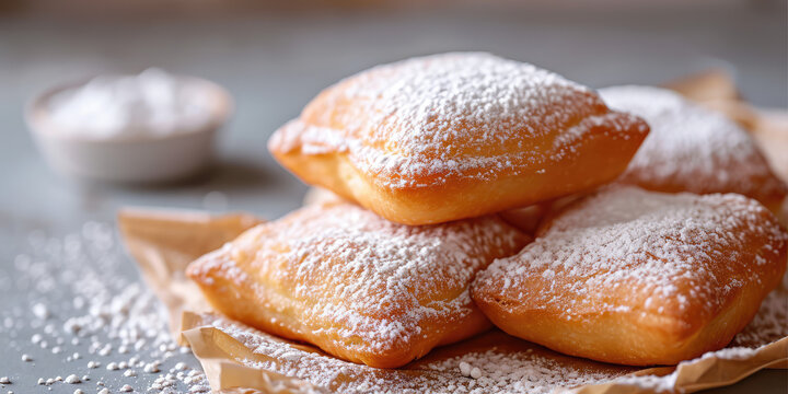 Sugared Beignets on Festive Morning. Warm beignets dusted with sugar, cozy holiday dessert on kitchen background with copy space.