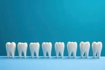 Different white teeth on a blue background, concept of Dental Health and Hygiene