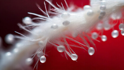 Extreme macro of polyester stable fiber on red background