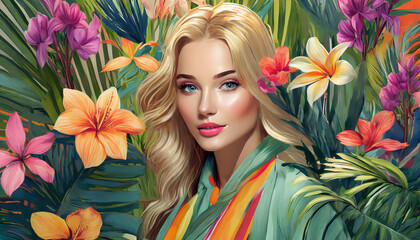 Fashion portrait of a young woman surrounded by exotic flowers. Ideal for fashion concepts, floral arrangements, beauty, elegance, and artistic designs.